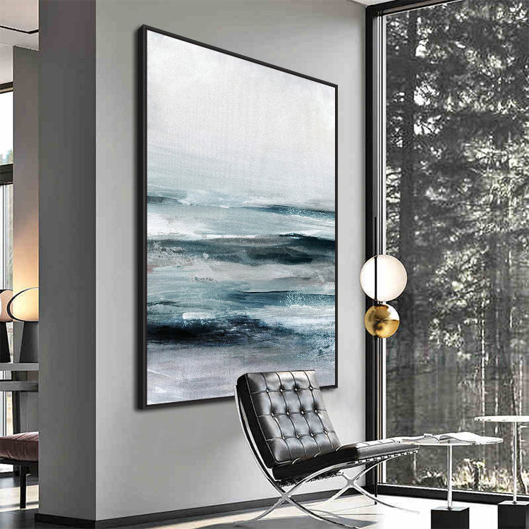 Emotive Abstract Oil Painting of Tranquil Ocean Waves in Serene Blue Tones