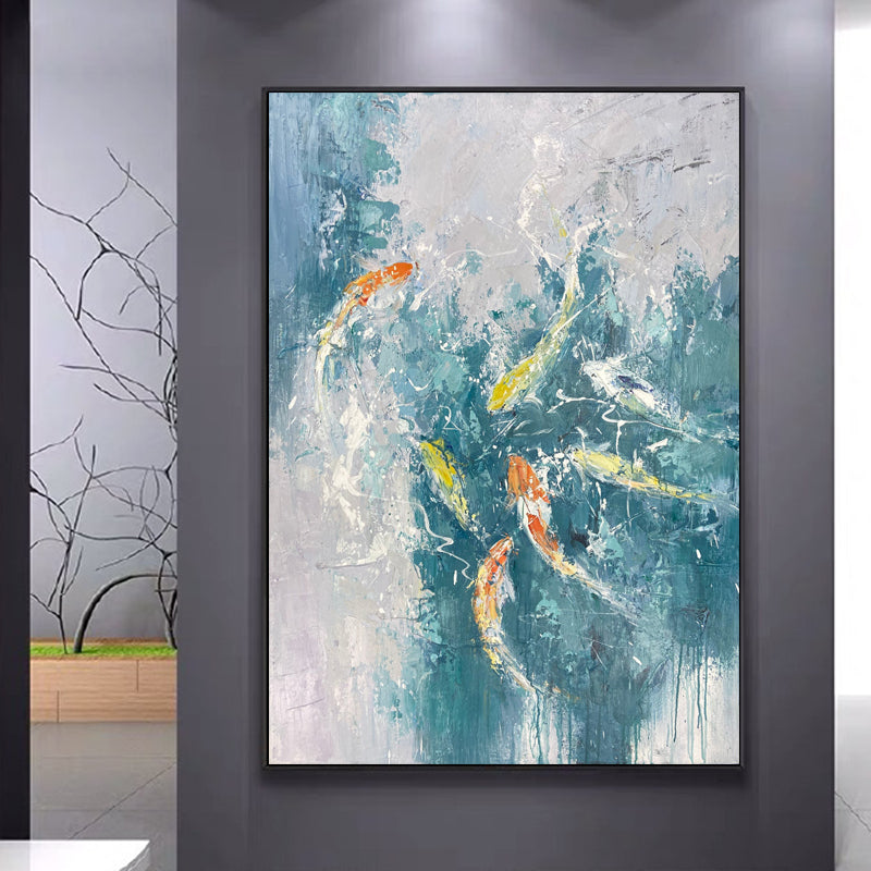 Vibrant Koi Fish Swimming in Tranquil Waters Oil Painting for Home Decor