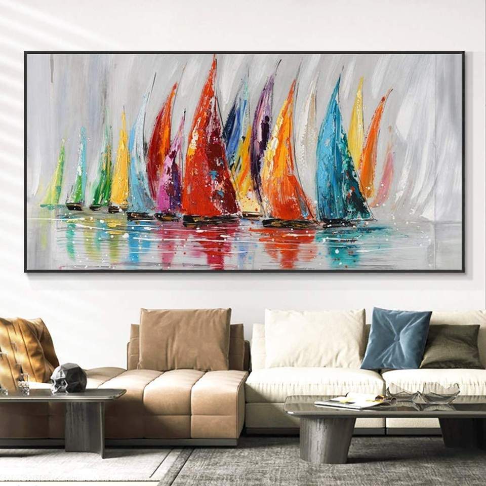 Vibrant Sailboats on Calm Waters - Colorful Oil Painting for Your Home Decor