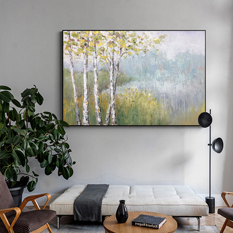 Serene Birch Trees by Tranquil Lake – Elegant Oil Painting for Home Decor
