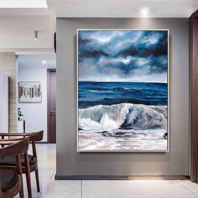 Serene Ocean Waves: Captivating Blue Seascape Oil Painting for Elegant Home Decor