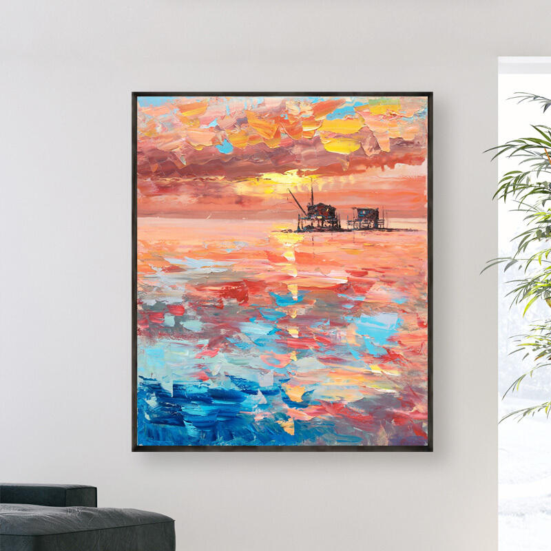 Beautiful Pink Sunset Over Calm Ocean Sky - Vibrant Oil Painting for Home Decor