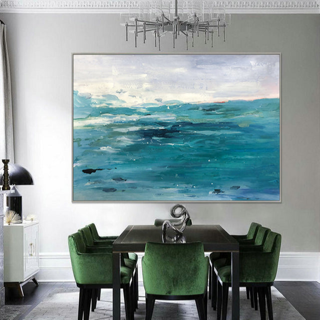 Serene Ocean Waves in Vibrant Turquoise Oil Painting for Coastal Home Decor