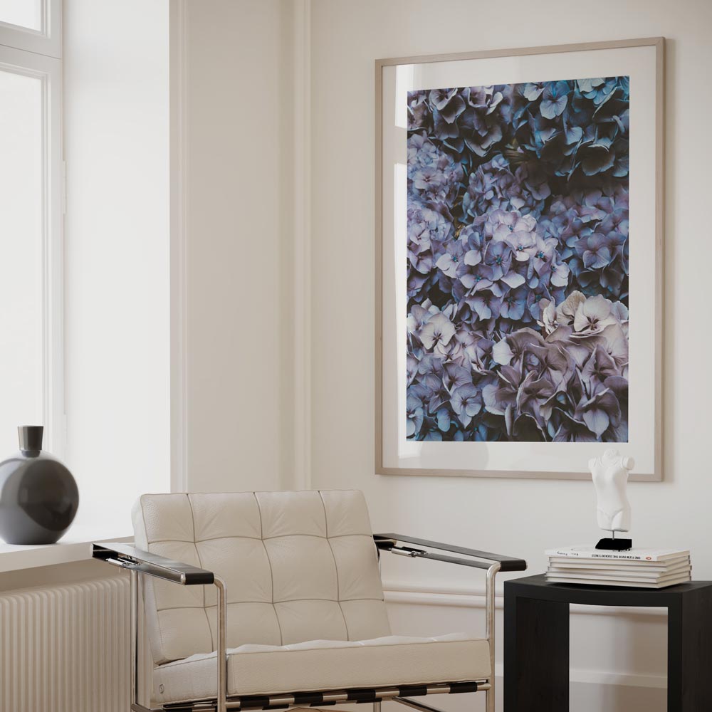 Lush Hydrangea Blooms in Serene Blue and Purple Hues - Elegant Floral Oil Painting