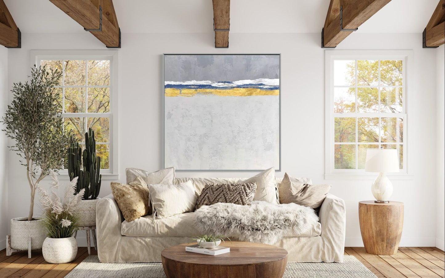 Serene Coastal Abstraction with Gold Accents for Elegant Home Decor