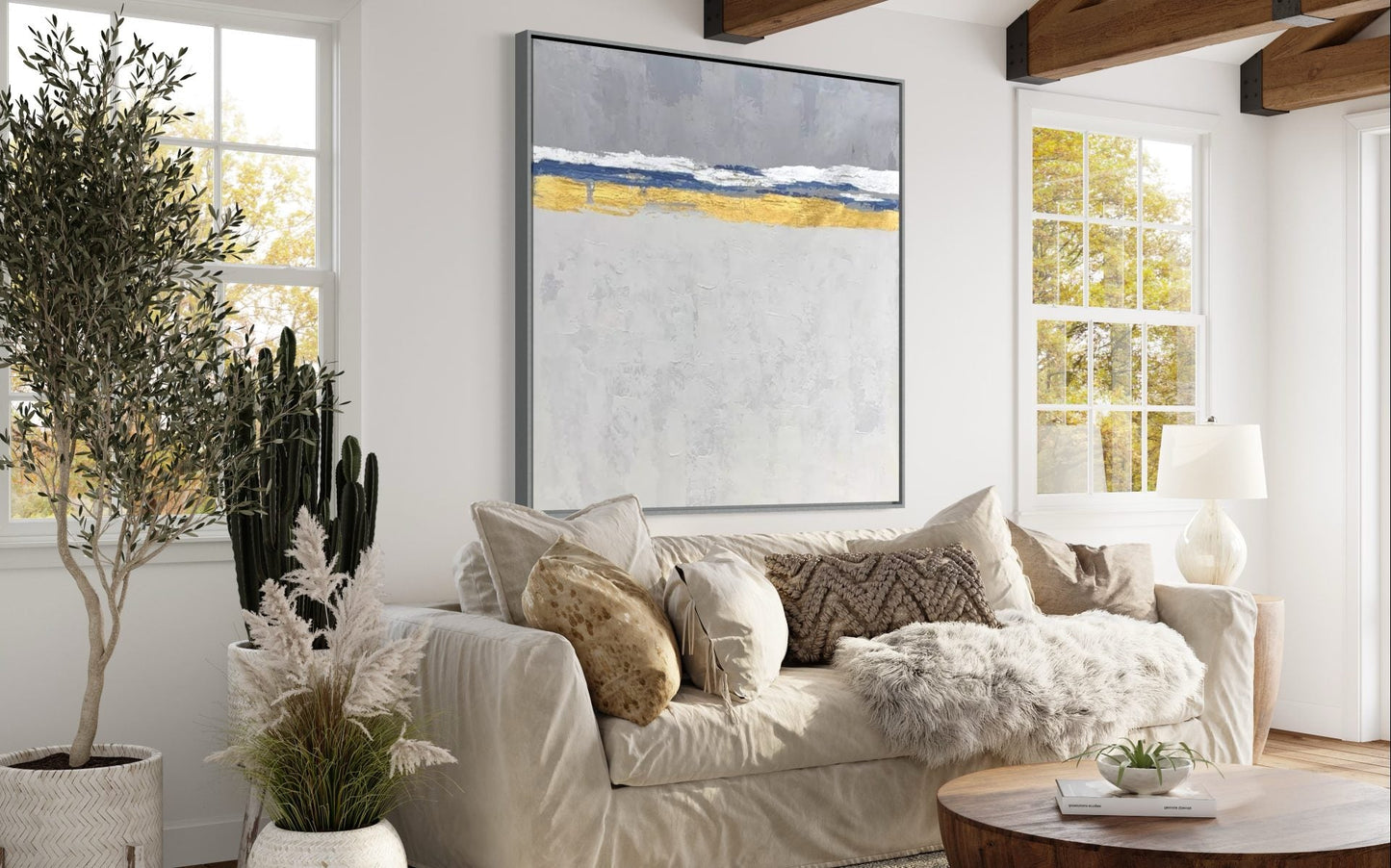 Serene Coastal Abstraction with Gold Accents for Elegant Home Decor