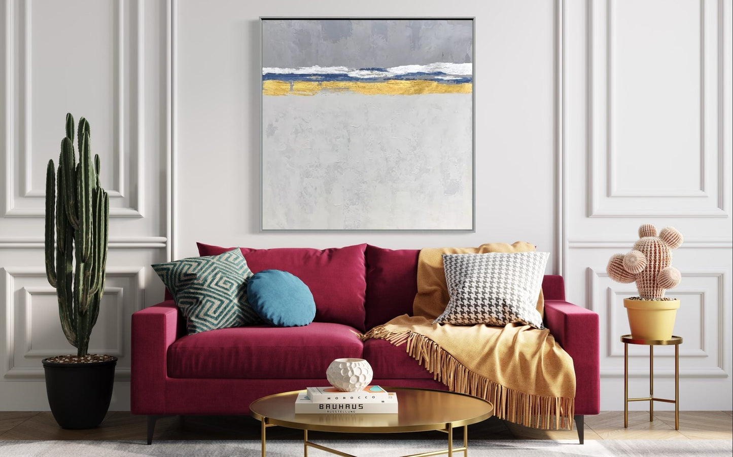 Serene Coastal Abstraction with Gold Accents for Elegant Home Decor