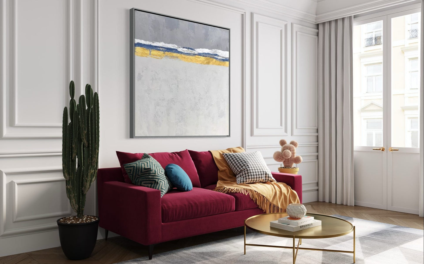 Serene Coastal Abstraction with Gold Accents for Elegant Home Decor