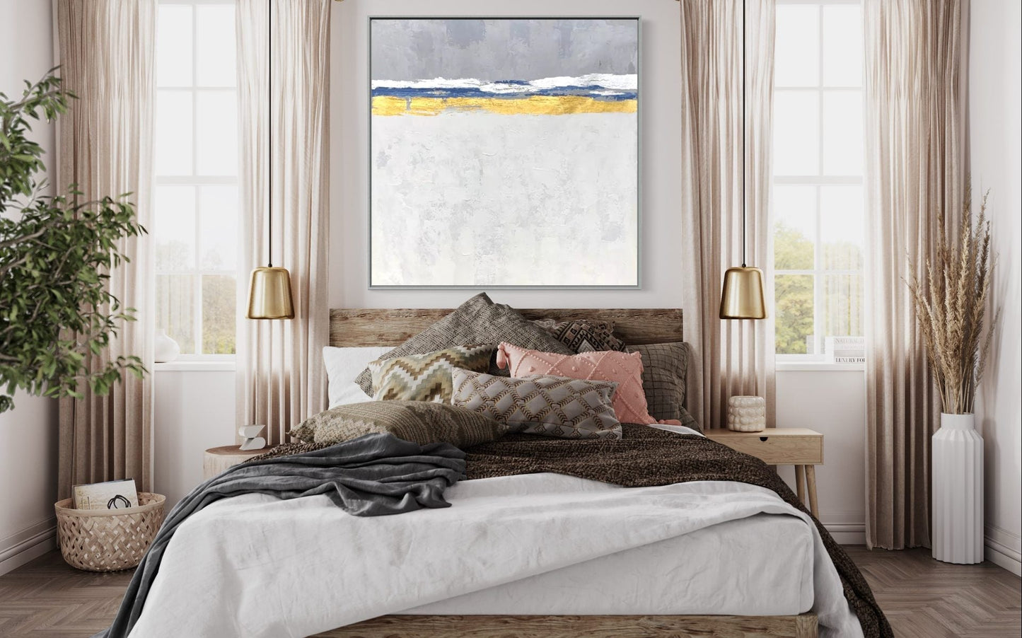 Serene Coastal Abstraction with Gold Accents for Elegant Home Decor