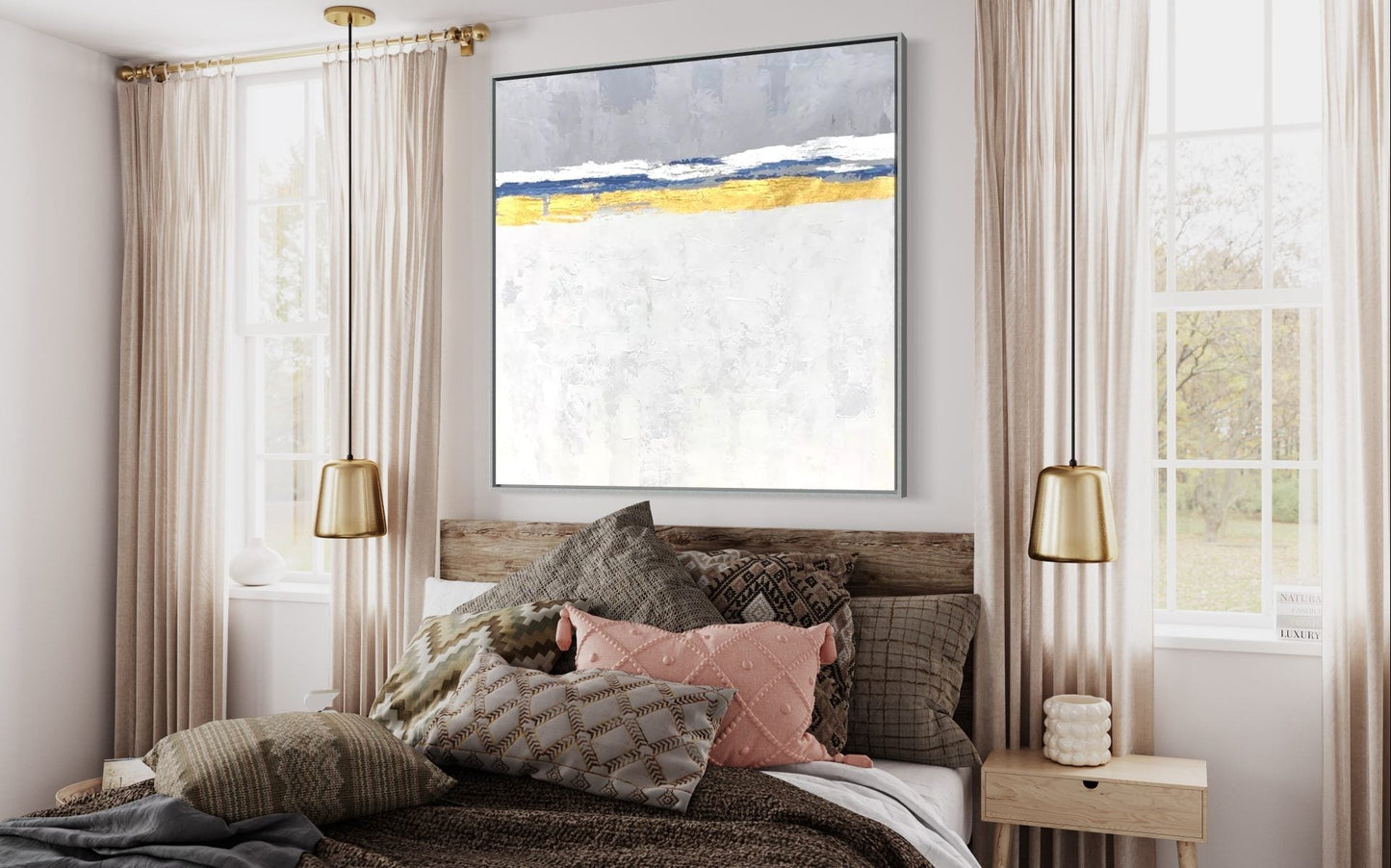 Serene Coastal Abstraction with Gold Accents for Elegant Home Decor