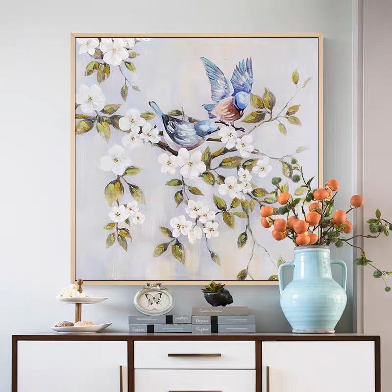 Whimsical Birds Among Blossoms - Charming Floral Oil Painting for Home Decor
