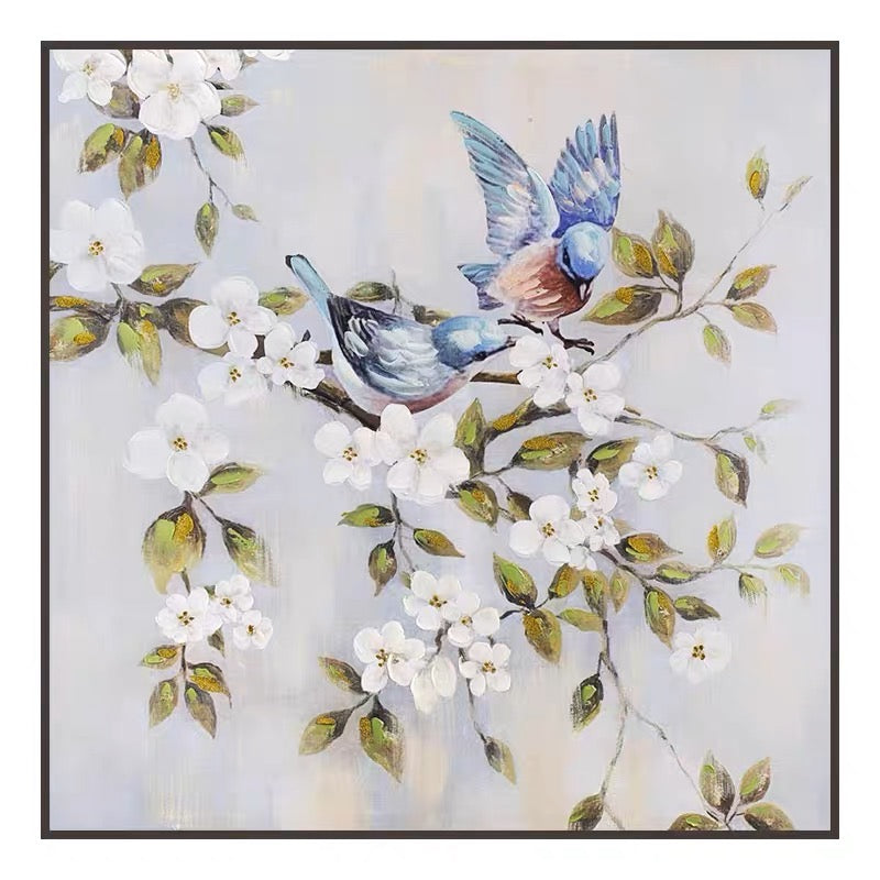 Whimsical Birds Among Blossoms - Charming Floral Oil Painting for Home Decor