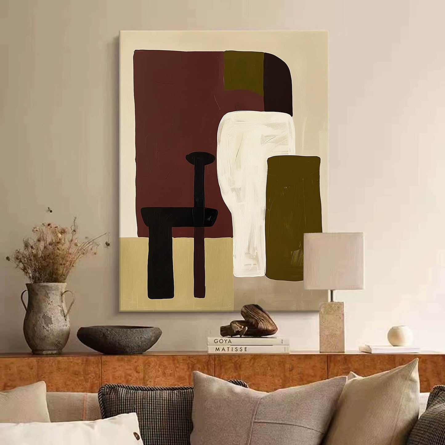 Contemporary Vintage Abstract Oil Painting with Unique Geometric Shapes