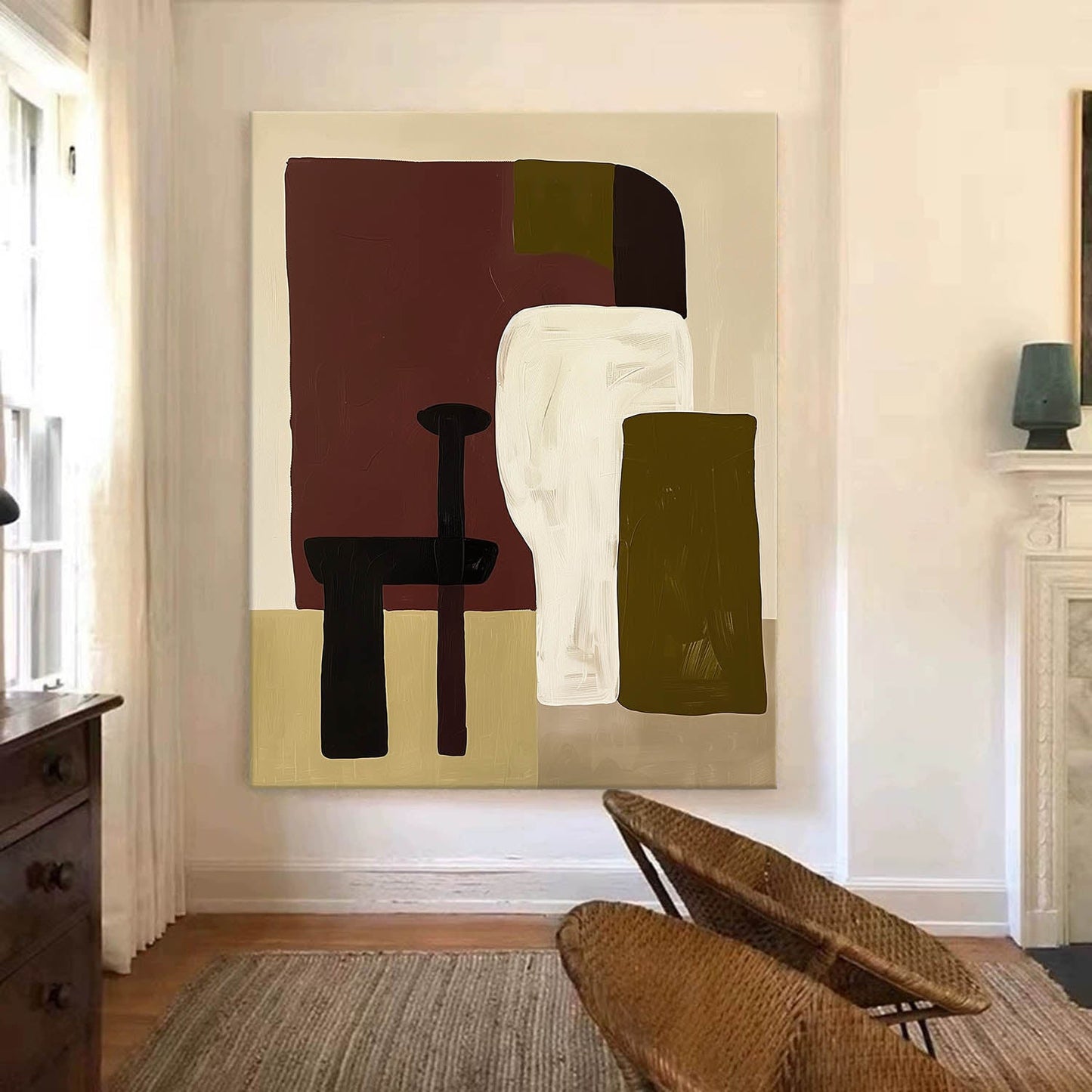 Contemporary Vintage Abstract Oil Painting with Unique Geometric Shapes