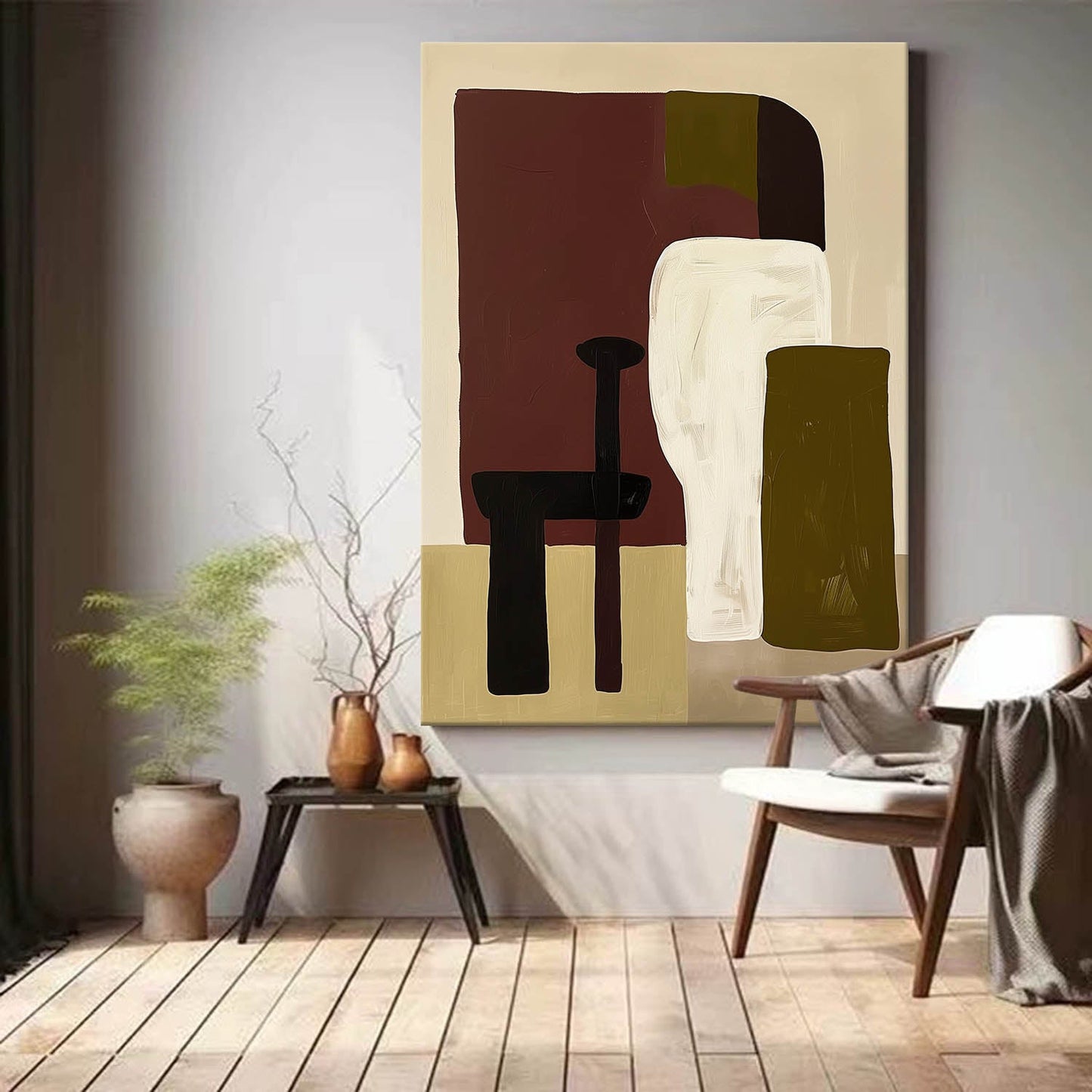 Contemporary Vintage Abstract Oil Painting with Unique Geometric Shapes