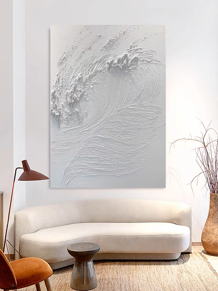 Elegant White Waves Oil Painting for Coastal Home Decor