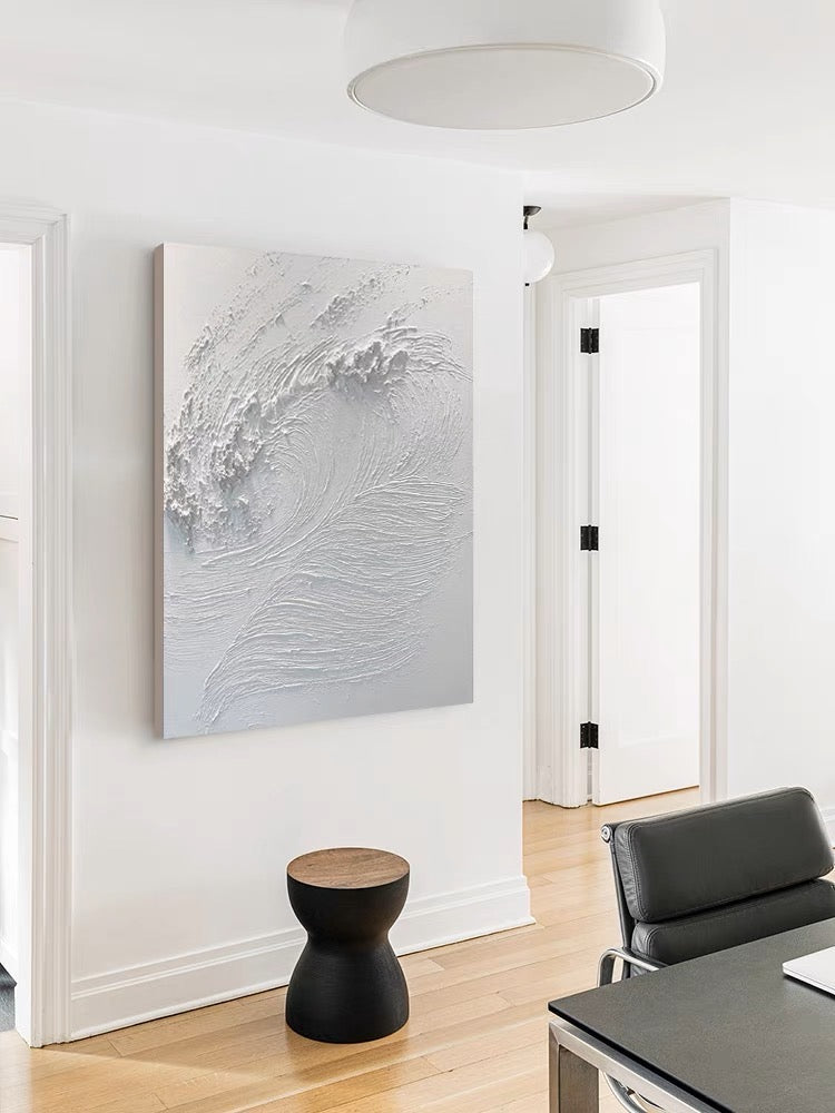 Elegant White Waves Oil Painting for Coastal Home Decor