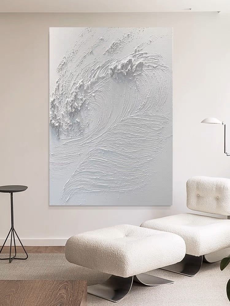 Elegant White Waves Oil Painting for Coastal Home Decor