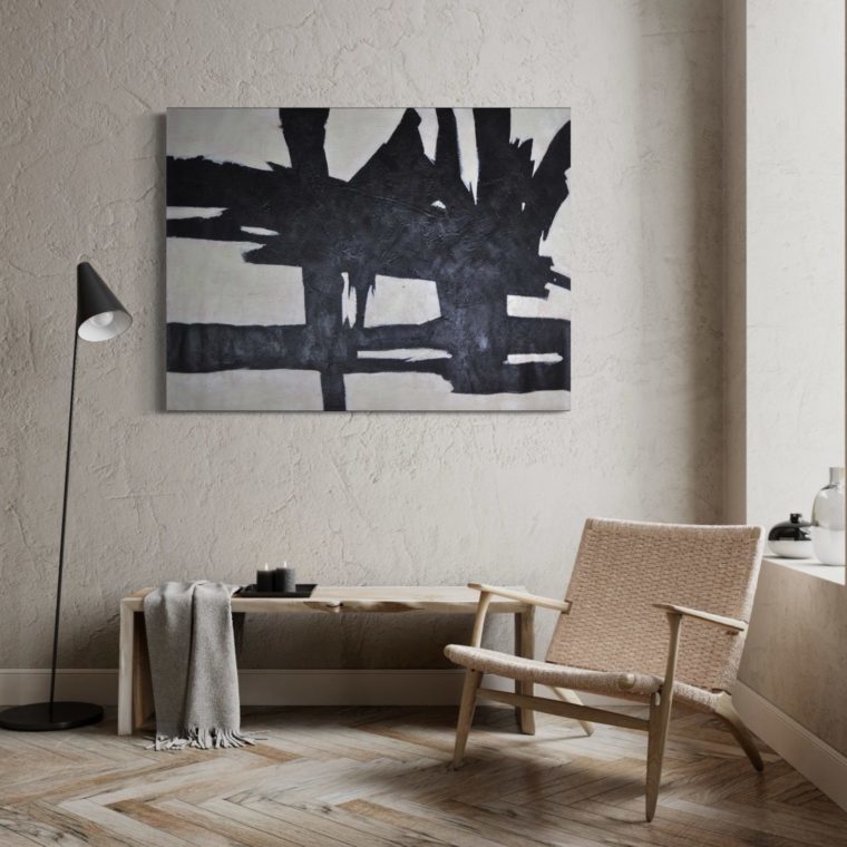 Dynamic Black and White Abstract Oil Painting for Modern Home Decor