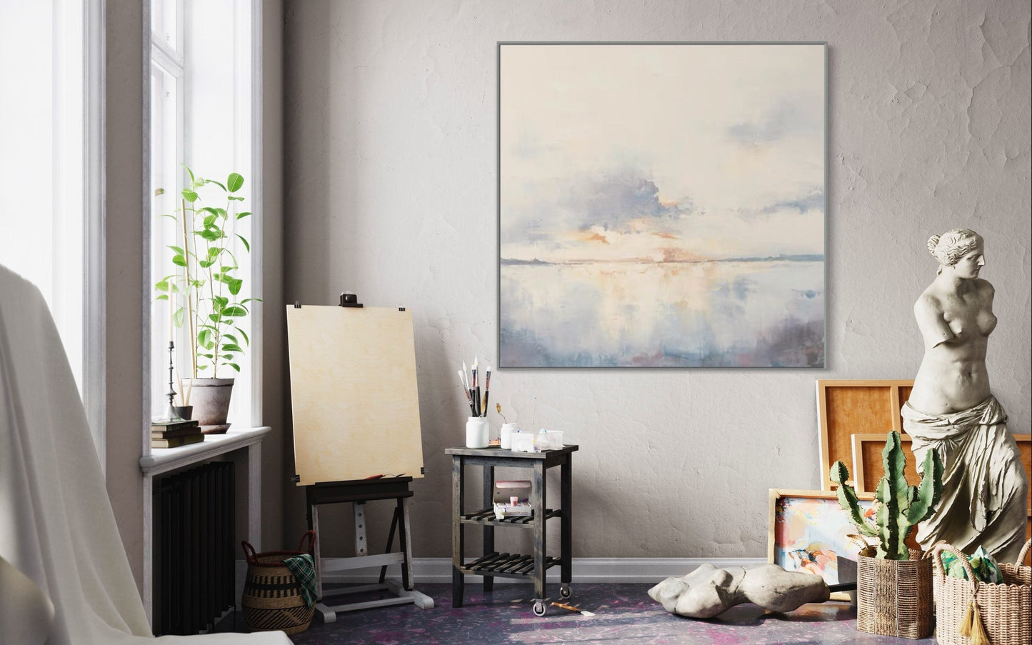 Serene Morning Light – Dreamy Oil Painting of Sunrise Over Tranquil Waters