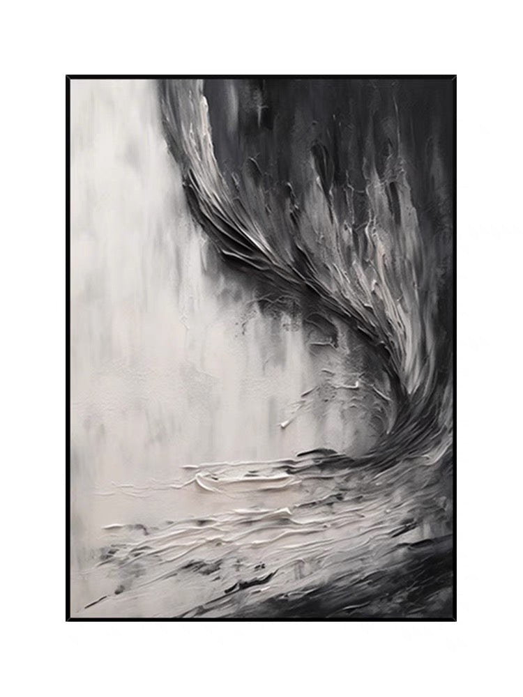 Emotive Abstract Waves in Charcoal and White Oil Painting for Modern Decor