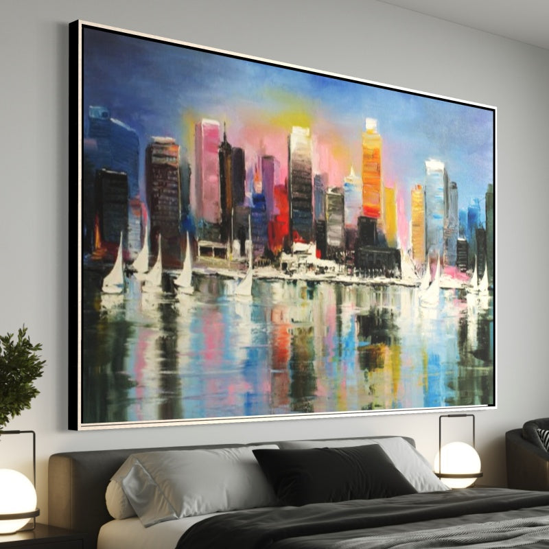Vibrant Cityscape Oil Painting with Sailboats and Reflections