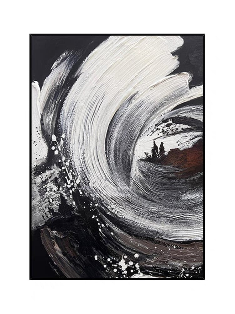 Dynamic Black and White Abstract Wave Oil Painting for Modern Decor