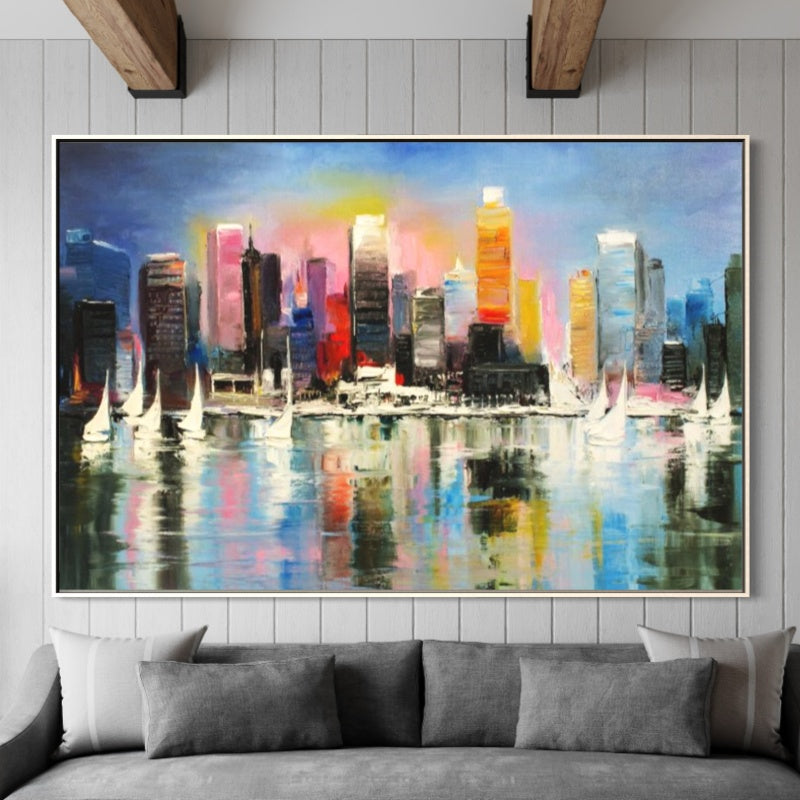 Vibrant Cityscape Oil Painting with Sailboats and Reflections