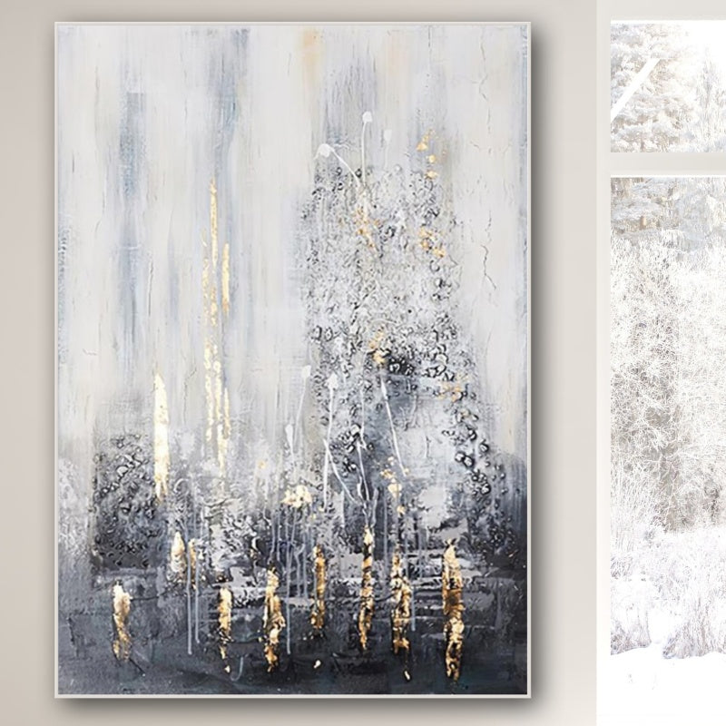 Elegant Abstract Oil Painting in Cool Tones with Gold Highlights