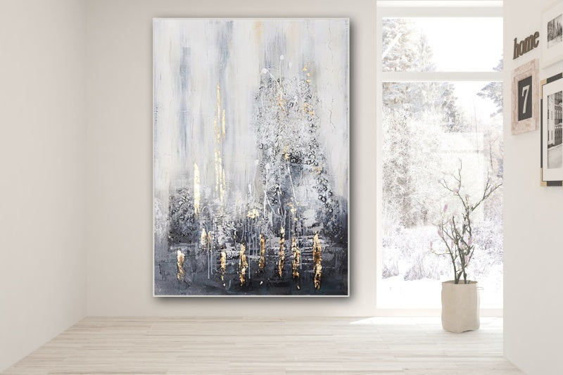 Elegant Abstract Oil Painting in Cool Tones with Gold Highlights
