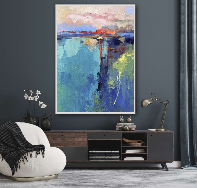 Serene Coastal Sunrise Oil Painting - Vibrant Abstract Landscape Art for Home Decor