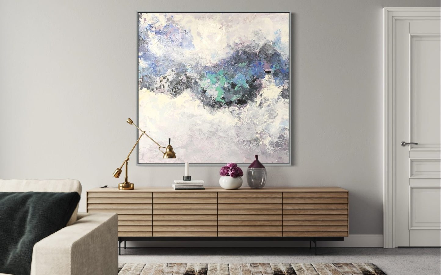 Serene Abstract Landscape Oil Painting in Soft Blues and Greens