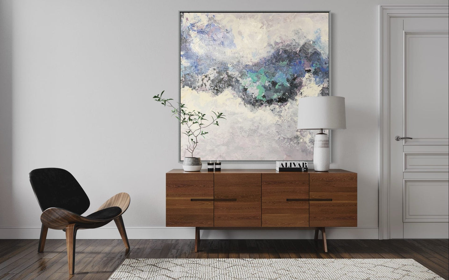 Serene Abstract Landscape Oil Painting in Soft Blues and Greens