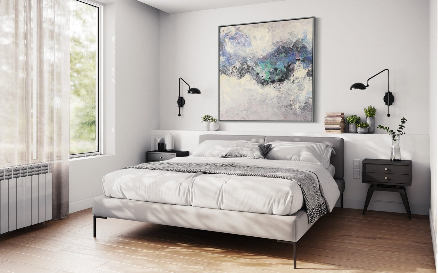 Serene Abstract Landscape Oil Painting in Soft Blues and Greens
