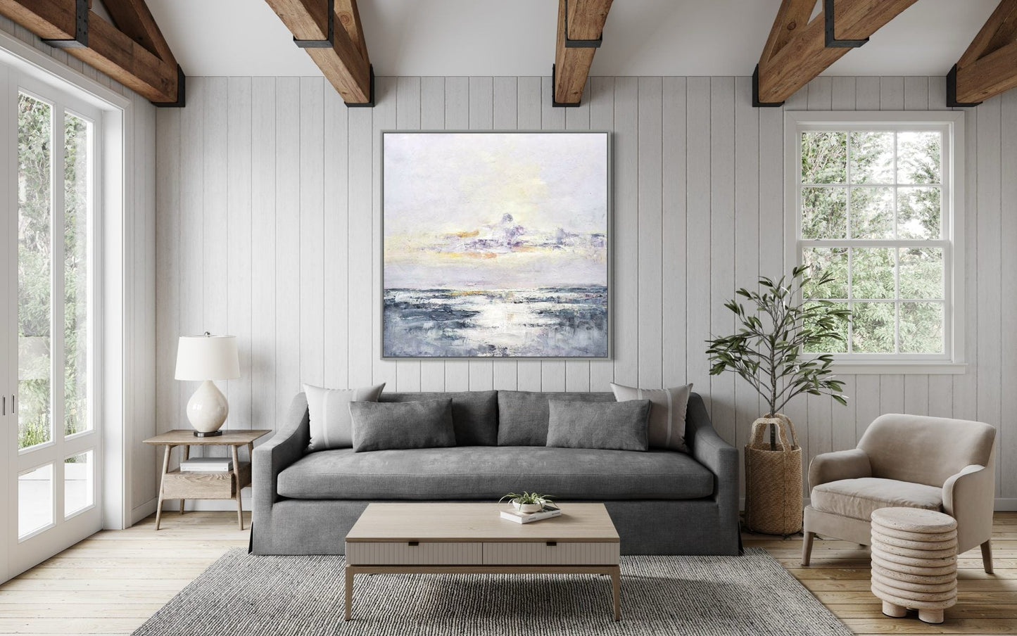 Serene Lake and Dawn Sky Oil Painting for Tranquil Home Decor