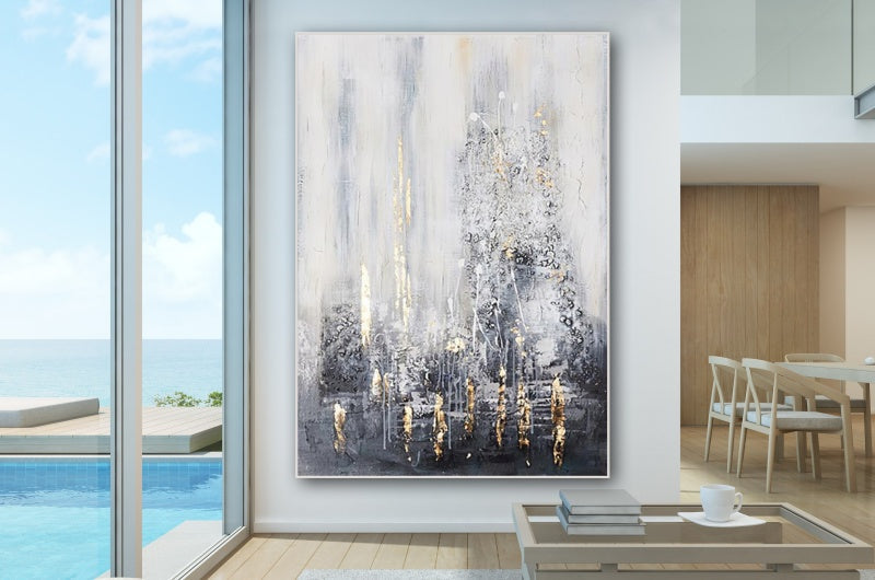 Elegant Abstract Oil Painting in Cool Tones with Gold Highlights