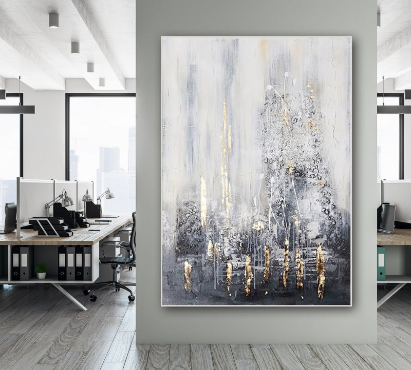 Elegant Abstract Oil Painting in Cool Tones with Gold Highlights