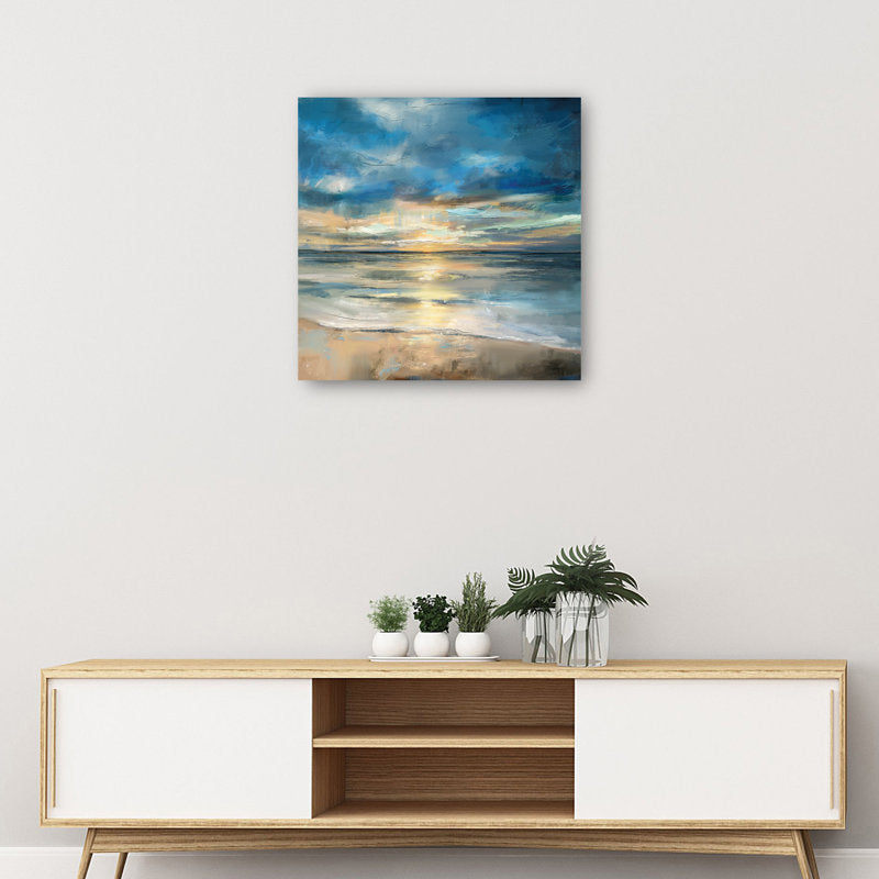 Serene Indigo Ocean Sunset Landscape Oil Painting for Home Decor