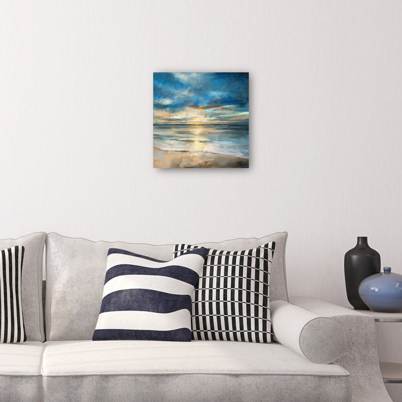 Serene Indigo Ocean Sunset Landscape Oil Painting for Home Decor