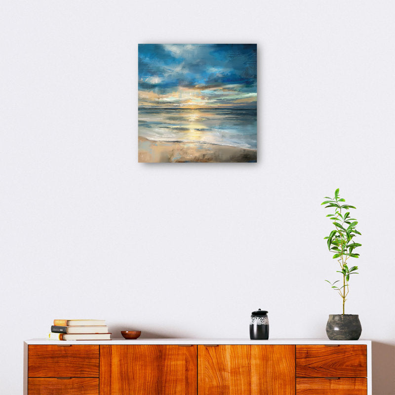 Serene Indigo Ocean Sunset Landscape Oil Painting for Home Decor