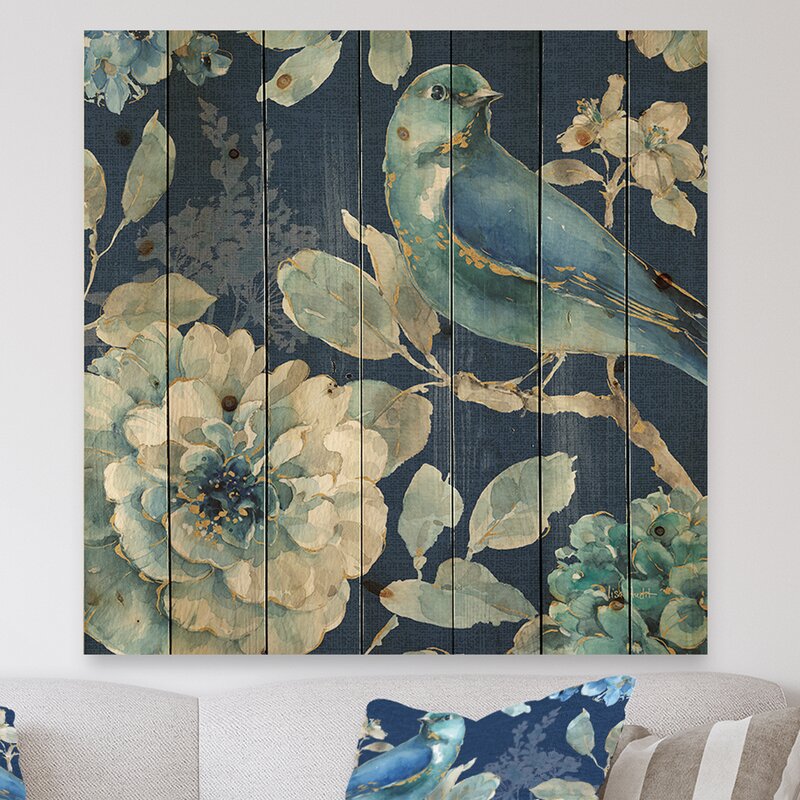 Blue Bird and Floral Farmhouse Painting on Natural Pine Wood
