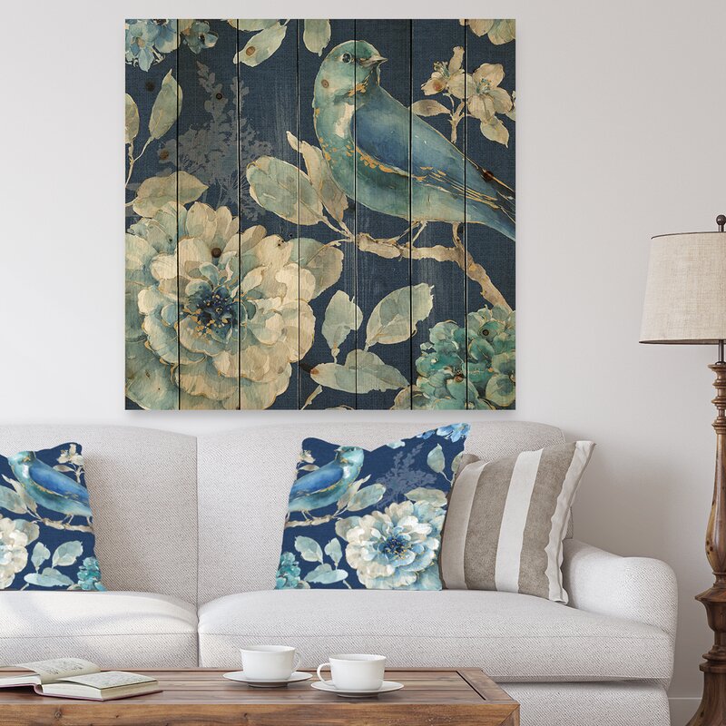 Blue Bird and Floral Farmhouse Painting on Natural Pine Wood