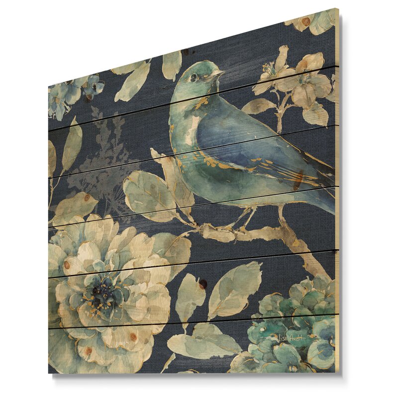 Blue Bird and Floral Farmhouse Painting on Natural Pine Wood