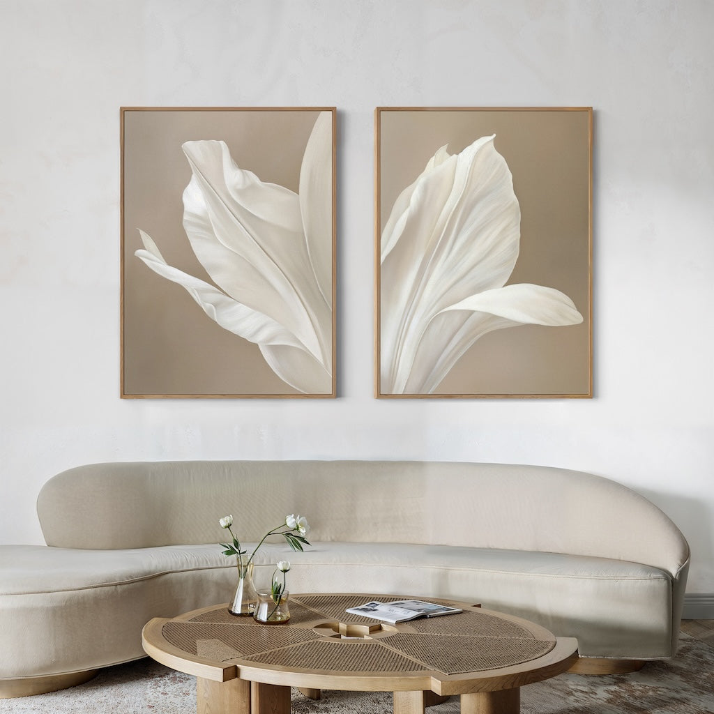 Elegant Ivory Flower Oil Paintings - Set of Two Floral Wall Art Decor
