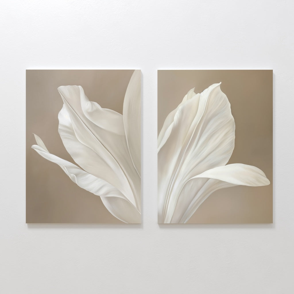 Elegant Ivory Flower Oil Paintings - Set of Two Floral Wall Art Decor