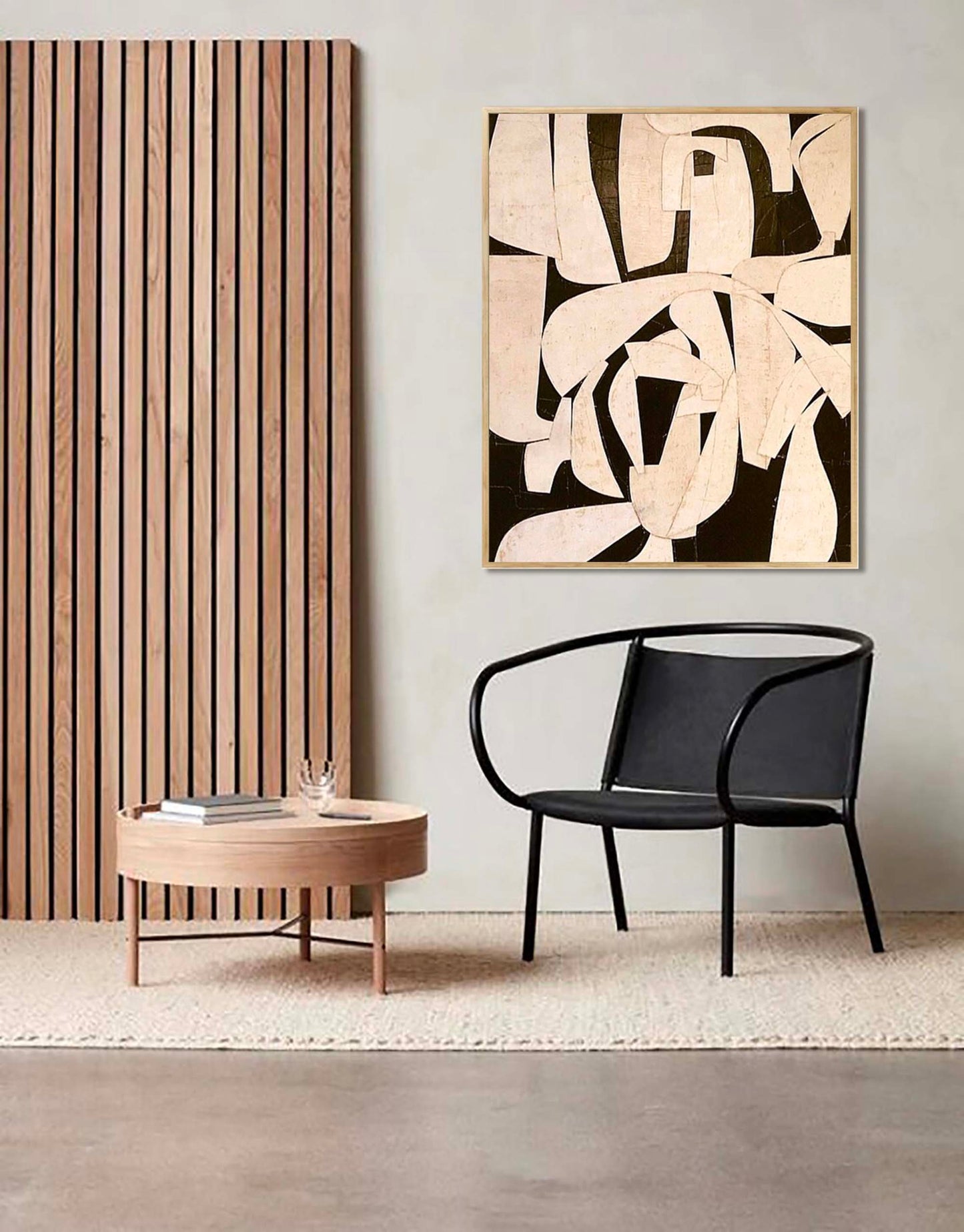 Contemporary Minimalist Black and White Abstract Oil Painting for Modern Décor