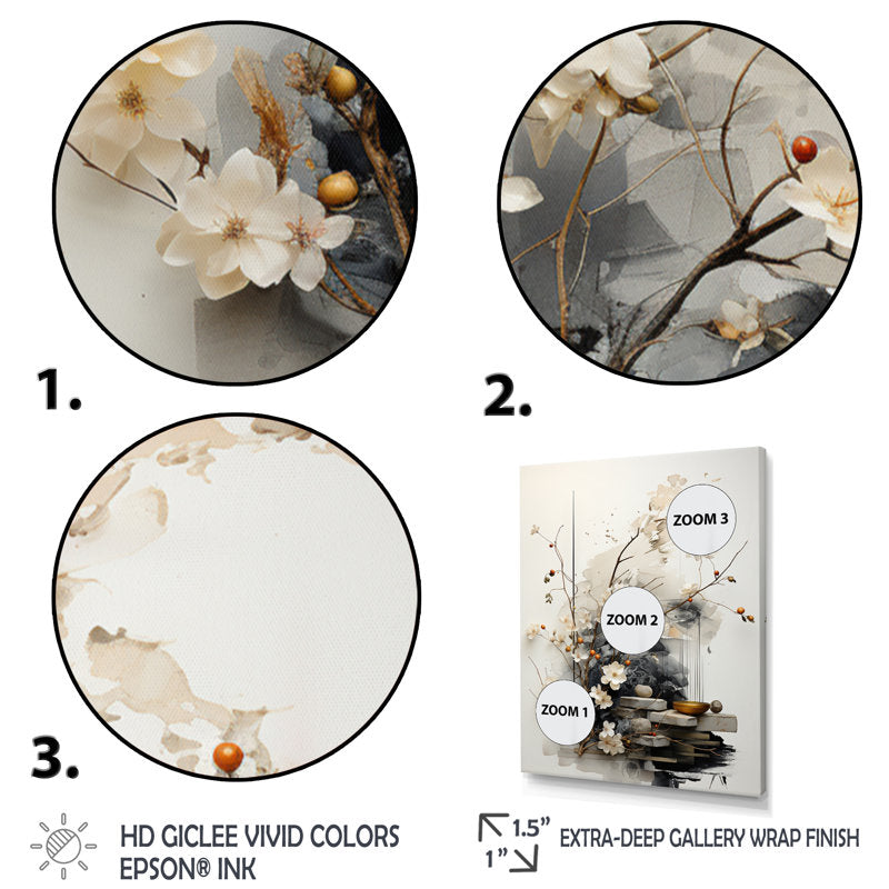 Elegant Asian Sumi Art with Blossoms and Stones for Serene Home Decor