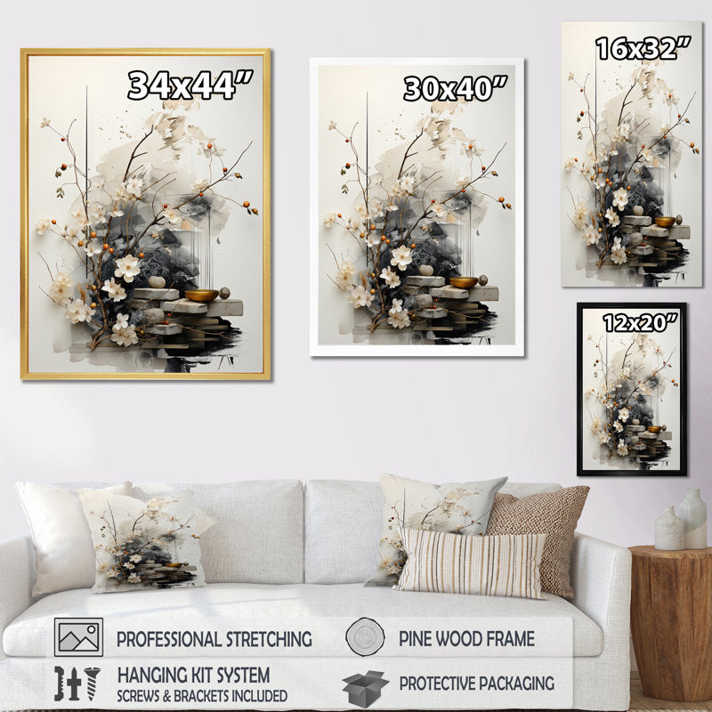 Elegant Asian Sumi Art with Blossoms and Stones for Serene Home Decor