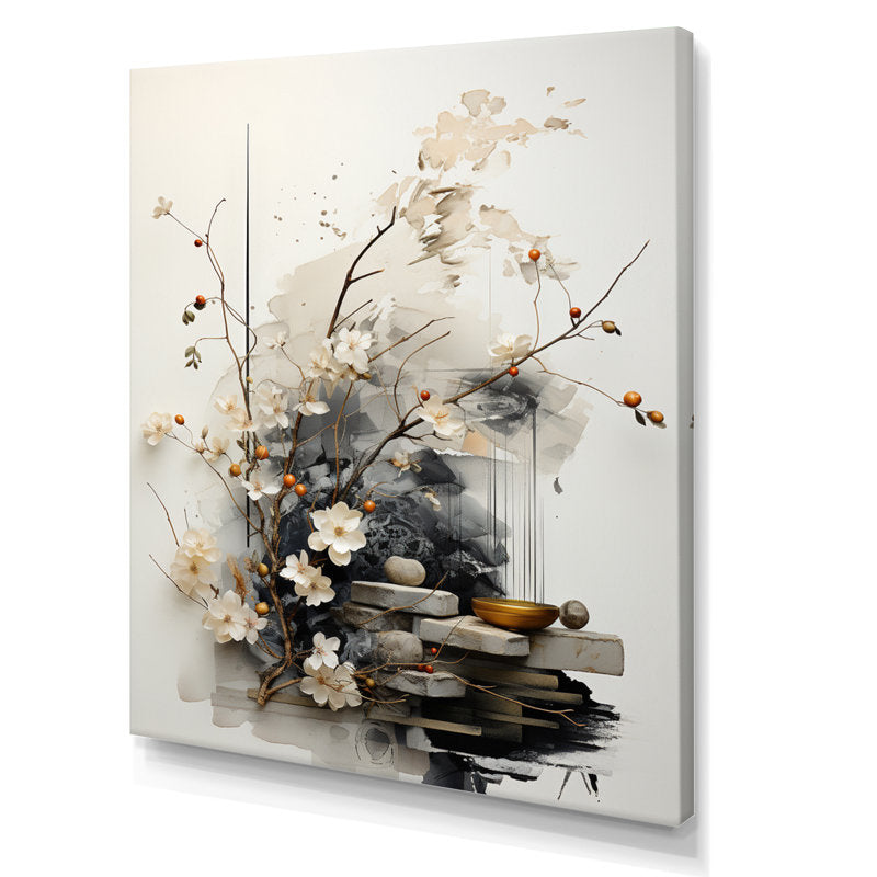 Elegant Asian Sumi Art with Blossoms and Stones for Serene Home Decor