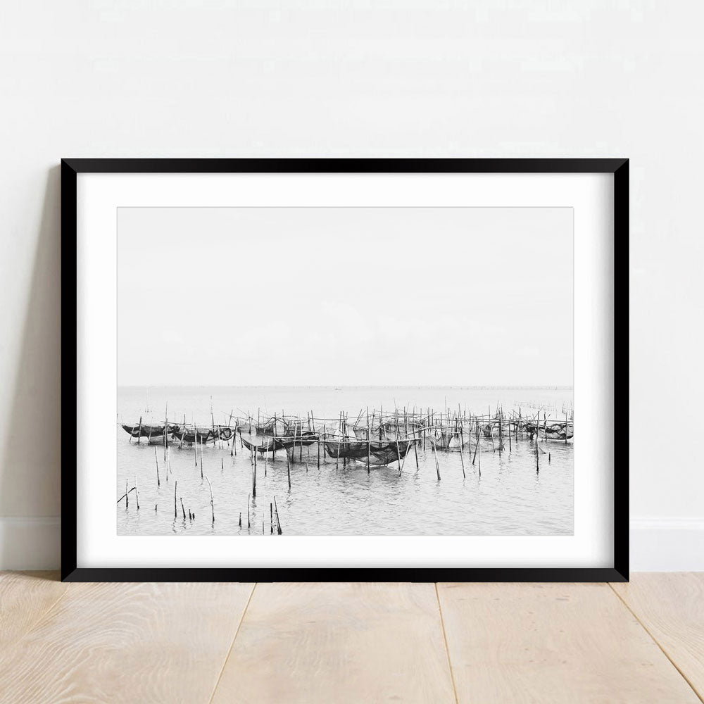 Serene Fishing Boats on Tranquil Waters - Black and White Oil Painting Decor